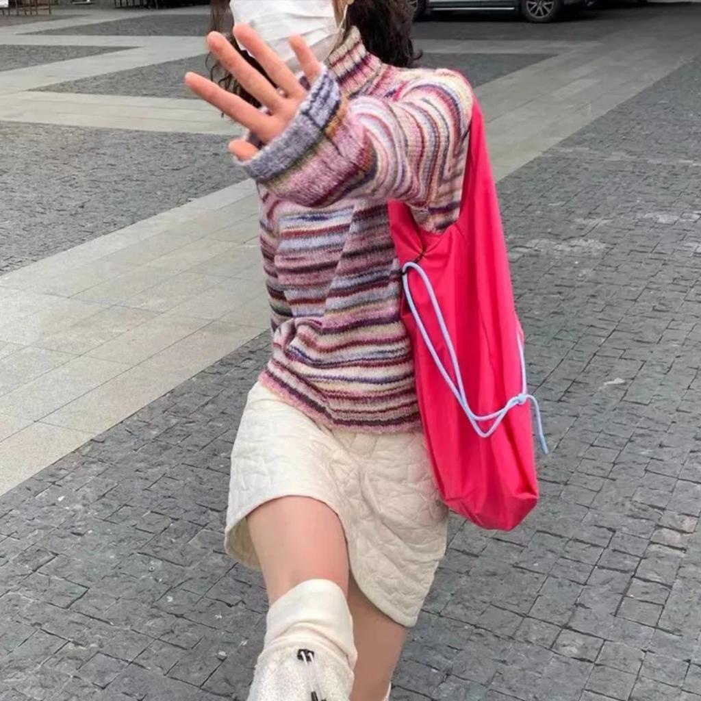 VAYLA Japanese Y2k Turtleneck Sweater Vintage Rainbow Striped Pullover Korean Fashion Knitted Jumper Harajuku Grunge Knitwear