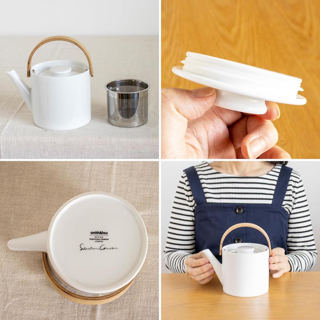 Smith & Shoe Arrosoir Teapot, 500ml, White Black Tea with Strainer, White Porcelain Teapot, Ceramic, Designed by SEBASTIAN CONRAN, LONDON