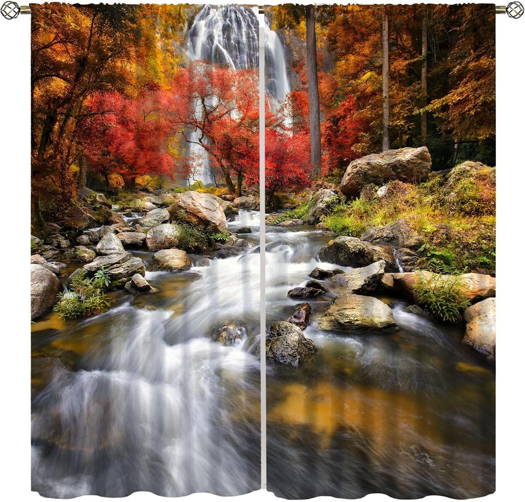 Waterfall Curtains Spring Nature Theme Landscape Pattern Forest Thermal Bedroom Living Room Panel Set Blackout Made Of Polyester Area Decor