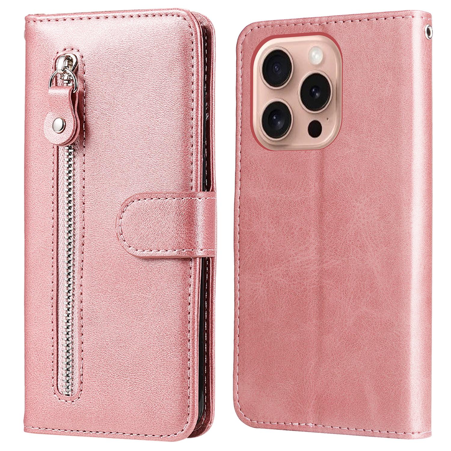 

For iPhone 16 Pro Case Zipper Pocket Wallet Shockproof PU Leather Phone Cover Pink