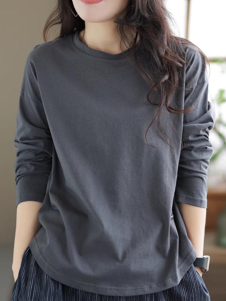 Maieu Dintr-o Singură Culoare Vintage Decupat Femei Toamnă Iarnă Stil Nou Casual Mânecă Lungă Largă Tricou Top Femei Trendy