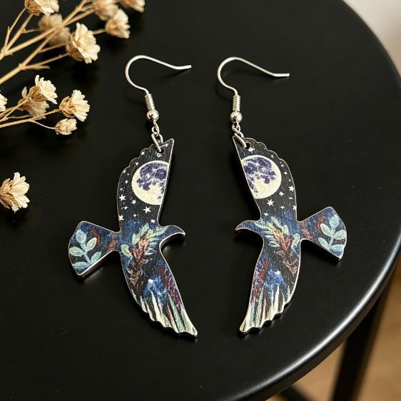New Eagle Print Night View Wooden Earrings – Stylish and Versatile Fashion Accessories