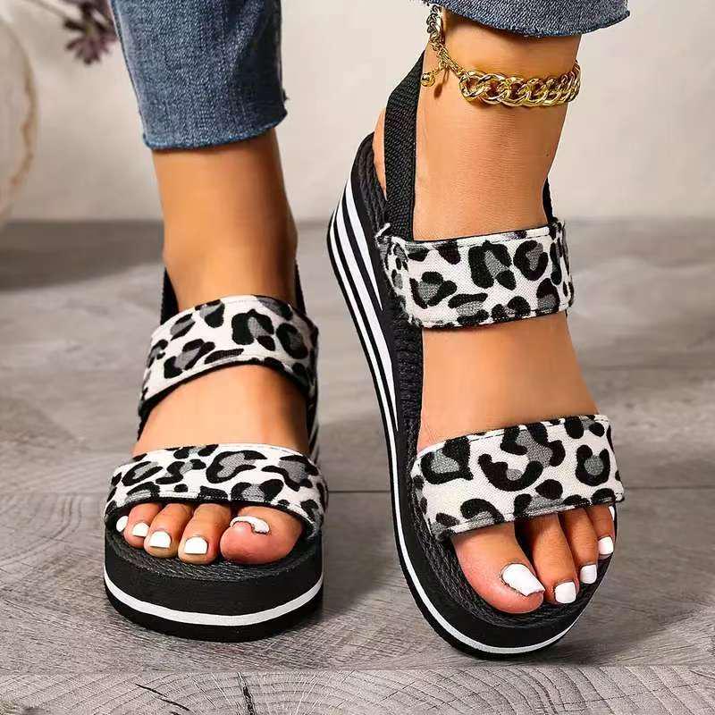 Leopard Print EVA Wedge Sandals - Plus Size Beach Summer Fashion, Height-Boosting Thick Sole.