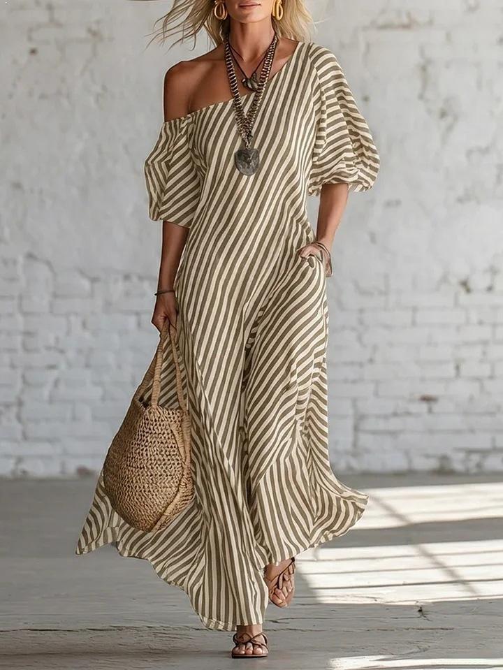 

Pink White Striped Off Shoulder Puff Sleeve Maxi Dress XXXL