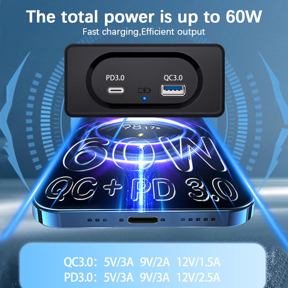 USB Charger Socket Dual USB Charger Outlet For Camper Caravan Boat Bus Truck PD3.0 Type-C Port Adapter LED Light Quick Charge Panel Wall Mount 12/24V