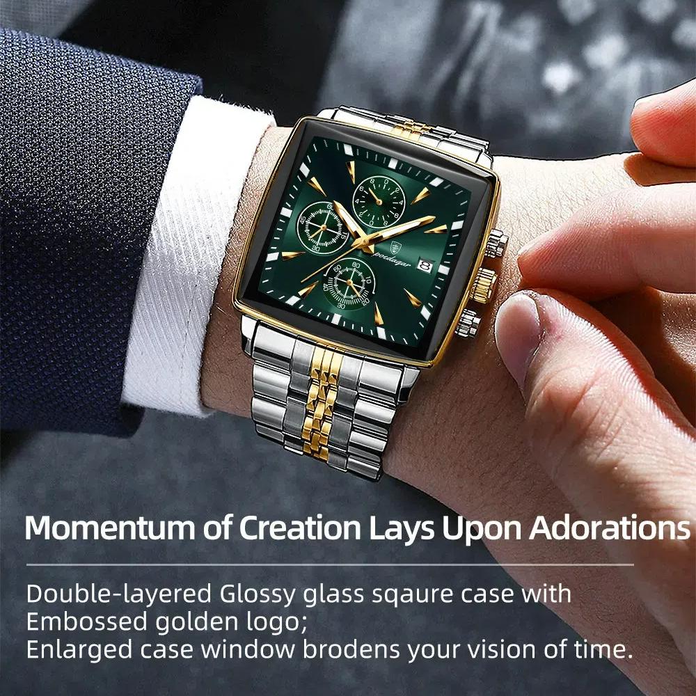 Mode Fyrkantig Urtavla Klocka för Män Rostfritt Stål Vattentät Kvarts Kronograf Herrklockor Lyx Sport Herrklocka