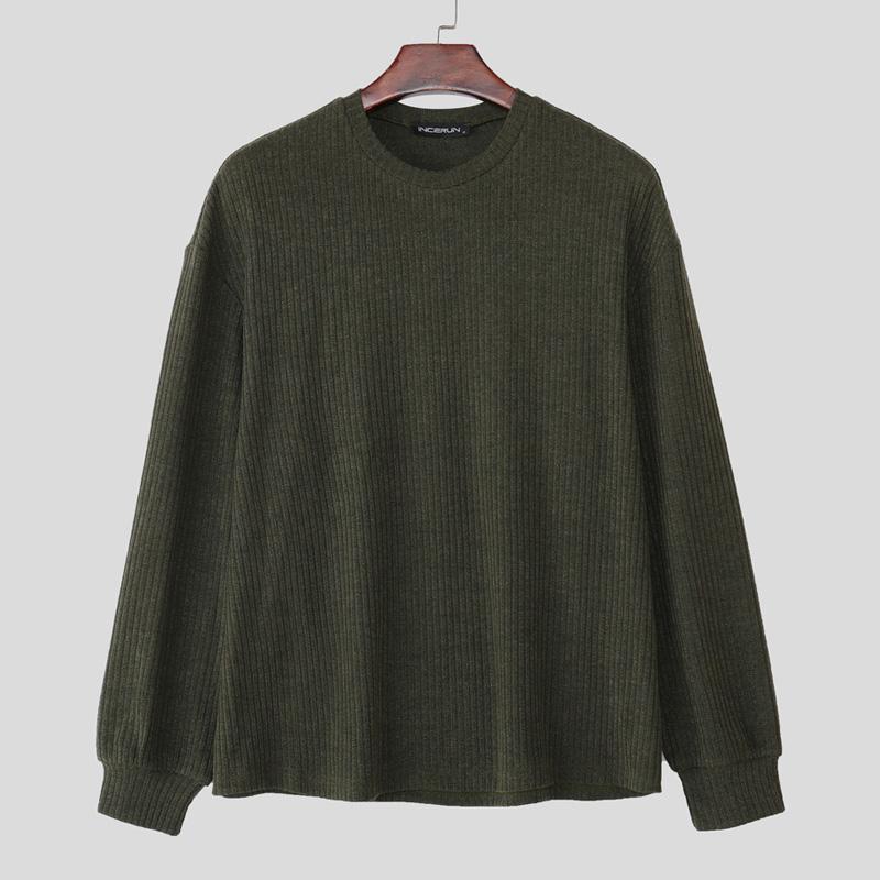 INCERUN Autumn Men Round Neck Long Sleeve Texture Rib Casual Pullover Tops