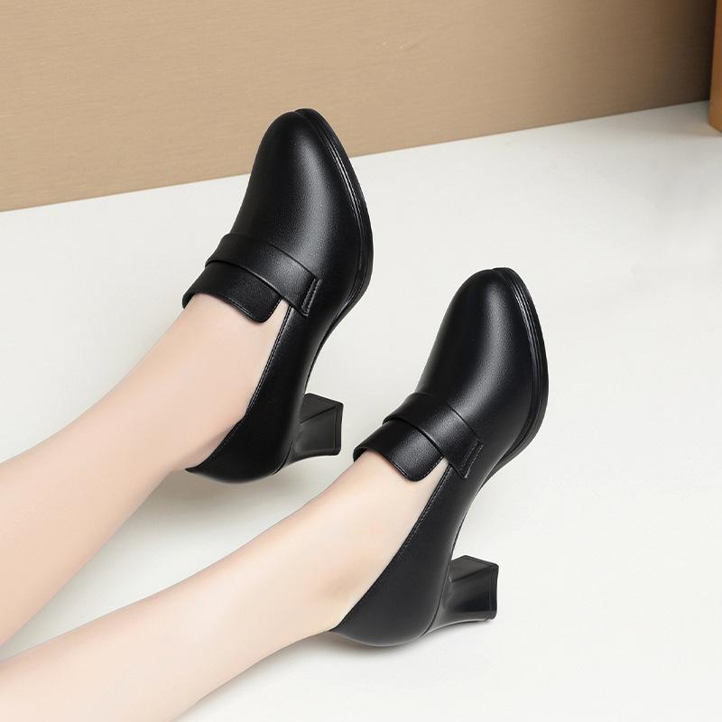 High heels for women, new spring and autumn women's shoes, deep mouth single shoes, mother leather shoes,  black work shoes