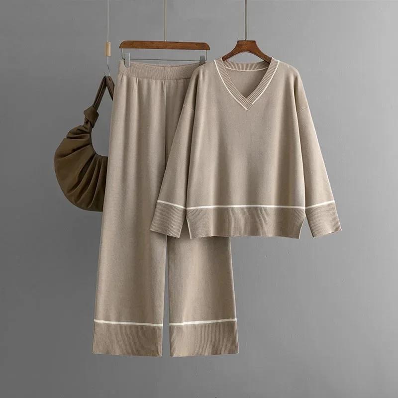 Circyy Knitted Sweater Women Pants Sets Patchwork Pullovers Wide Leg Trousers Autumn Winter New Two Piece Sets Womens Outifits