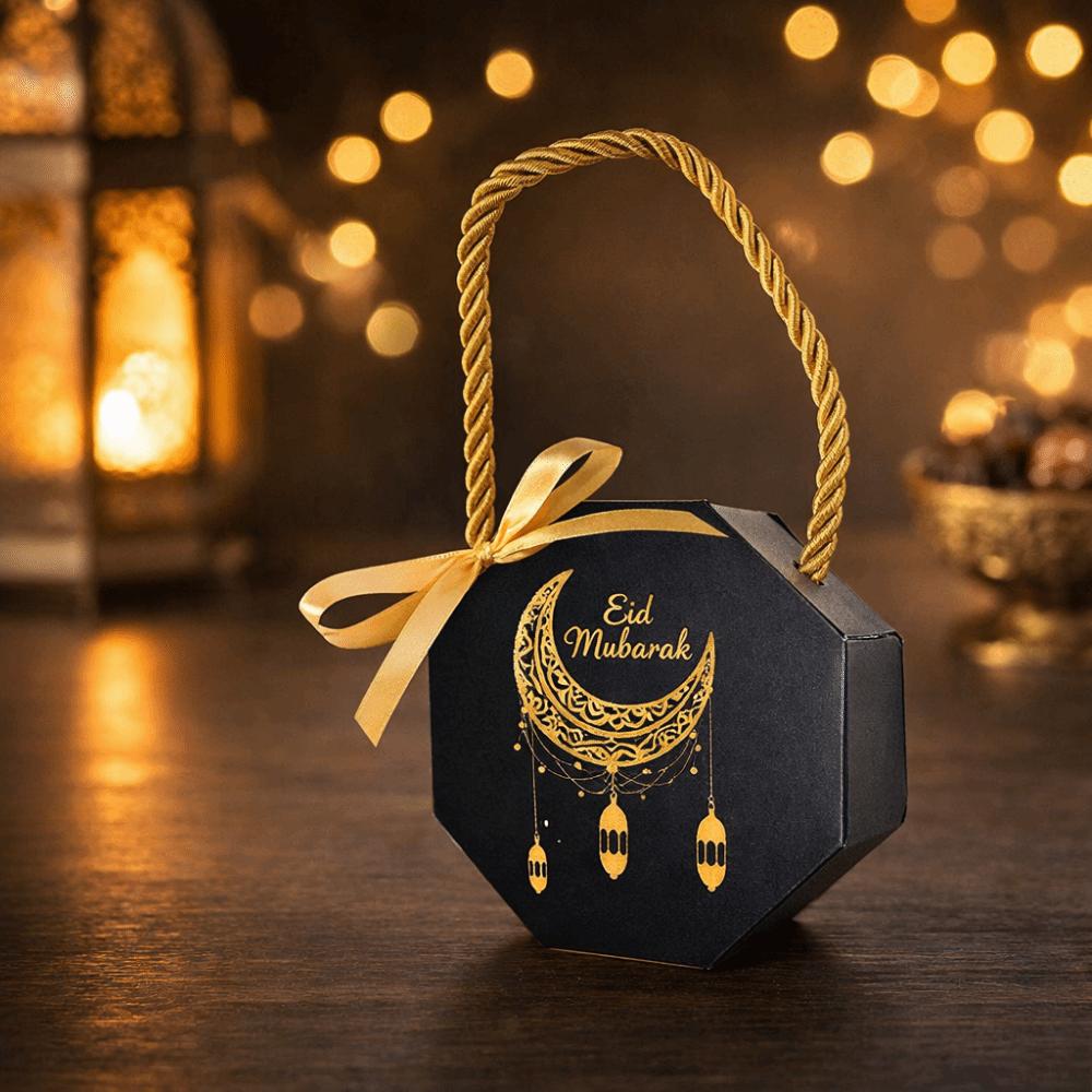 10Pcs Satin Ribbon Bow Eid and Ramadan Gift Boxes Gold Stamping Reusable Ramadan Gift Box Portable Simple Gift Packaging Bags