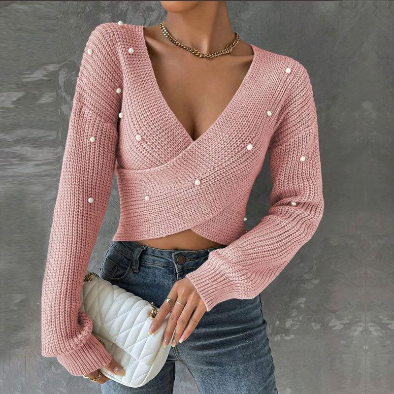 New Autumn Women's One-Shoulder Slim Fit Knit Sweater with Nail Beads