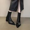 Pointed Toe High Heel Black Pu Leather Ankle Boots Women Winter Punk Metal Belt Buckle Chelsea Boots Woman's Short Booties