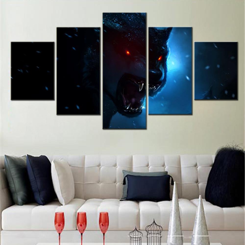 5 Pieces Canvas Decorative Wall Pictures Animals Black Wolf Wallpaper Home Decor Living Room Pster Painting And Print Artwork No Frame