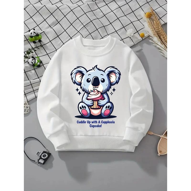 European sizes Kids' Crewneck Sweatshirt - Cute Koala Holding Cupcake with Pink , Sportswear And Casual Wear, Soft And Comfortable
