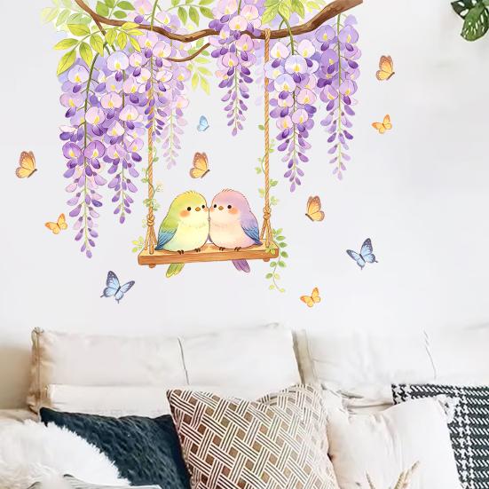 Watercolor Wisteria Birds Wall Decal, Self-Adhesive Residue-Free Window Sticker, Easy Apply Wall Sticker for Bedroom Kitchen Bathroom