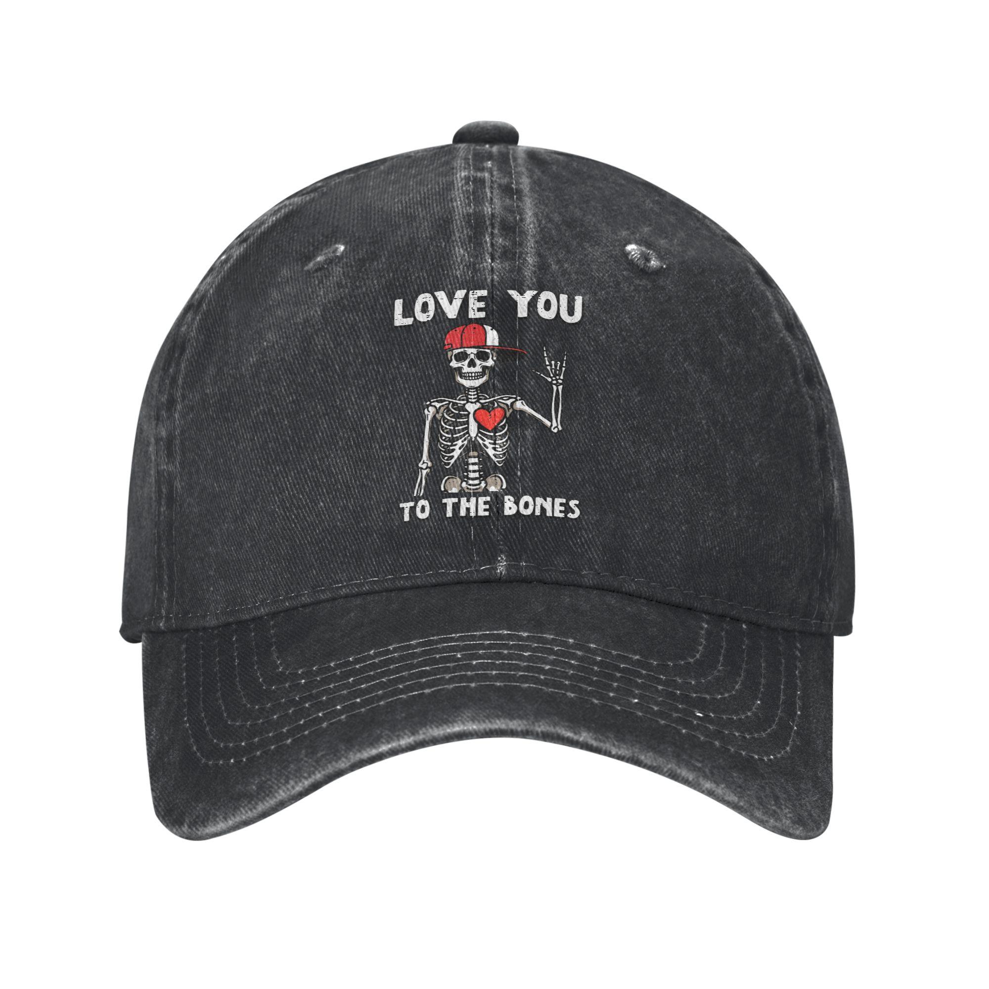 Valentines Day Skeleton Love You Rocker Washed Baseball Cap  Trendy Sun Trucker Hat Summer Unisex Unisex Outdoor Sports Snapback Cap One Size