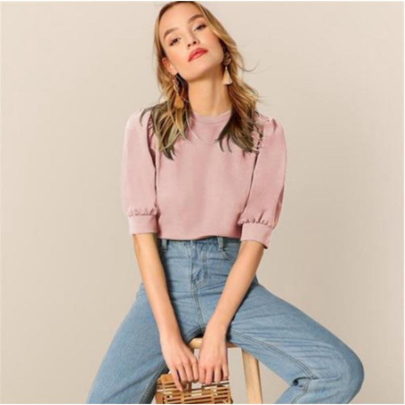 Women Puff Sleeve Blouse Round Neck Casual Loose Solid Top