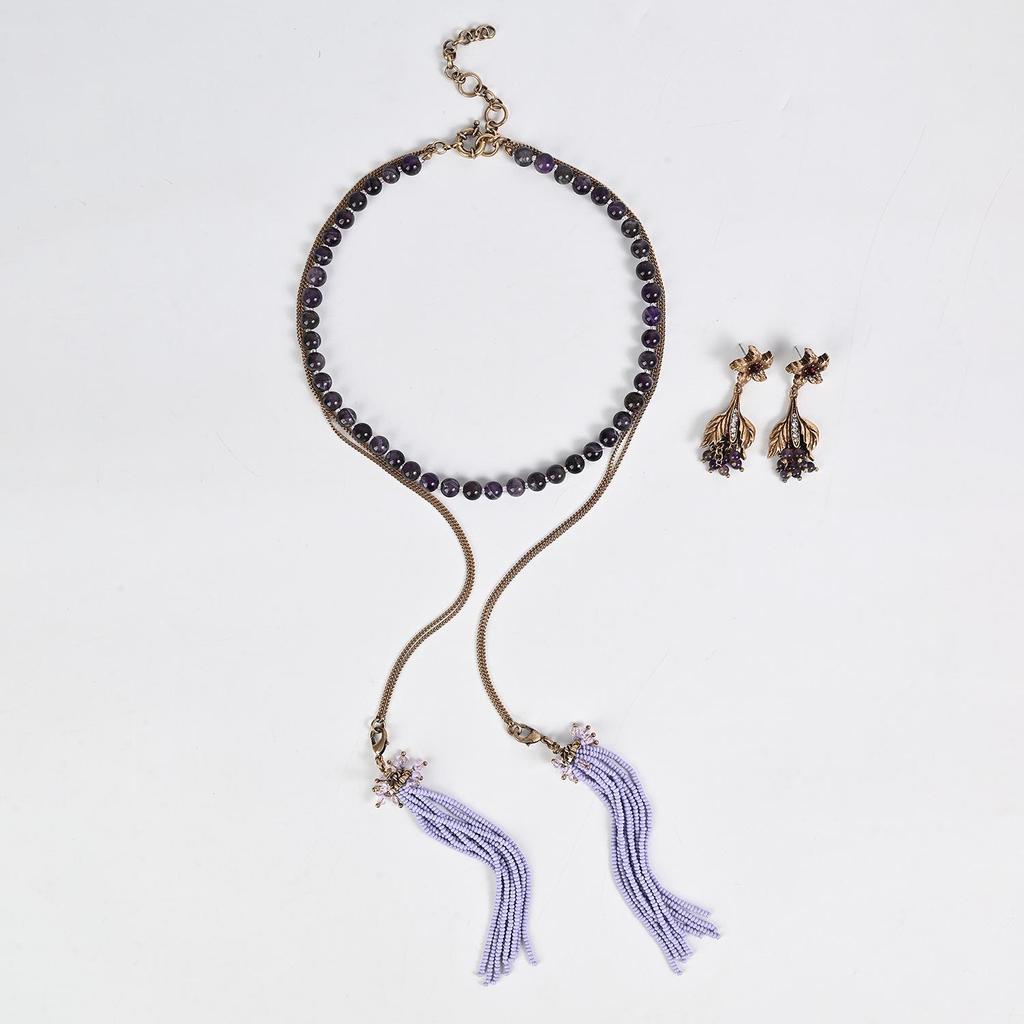 Amethyst Tassel Multi-Layer Necklace & Earring Set