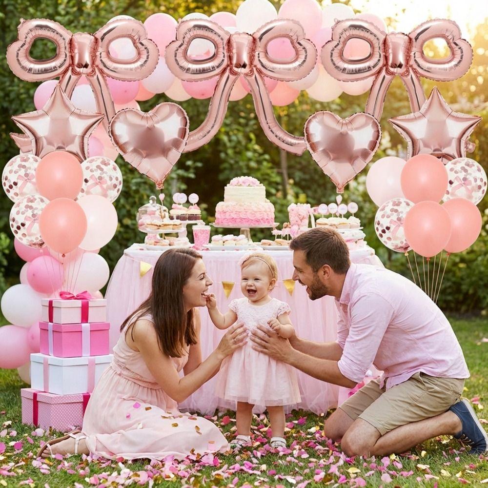 Bow Bow Foil Balloons Set Pink Foil Pink Bow Balloons Heart Star Bow Birthday Decorations