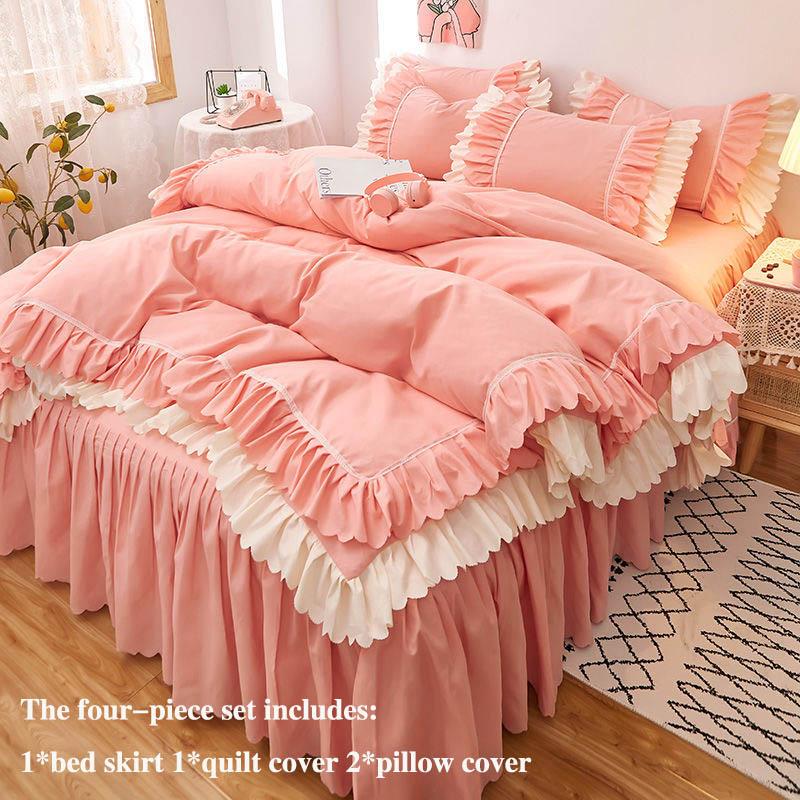 Saia de cama de quatro peças grossa escovada estilo coreano saia de cama e capa de edredão de três peças estilo princesa