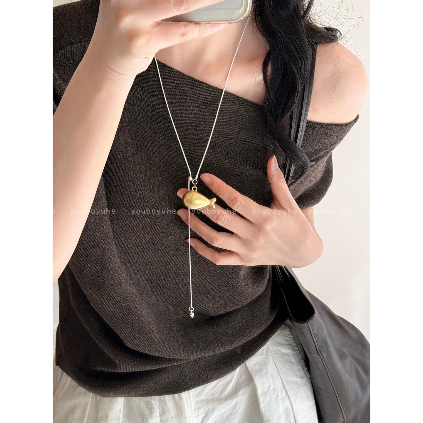 

Korean Minimalist Silver Color Small Fish Pendant Long Pull Chain Necklace for Women Fashion Daily Versatile Commuting Jewelry