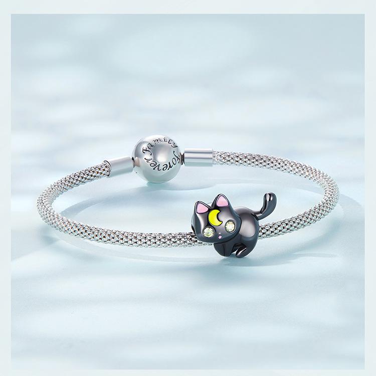 Sterling Silver S925 Moon Cat Beaded Bracelet with Black Gold Plated Zircon Halloween Beads