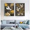 Chinese Ancient Style Animal Canvas Painting Golden Flowers Crane Abstract Decorative Poster On The Wall Aesthetic Room Decor