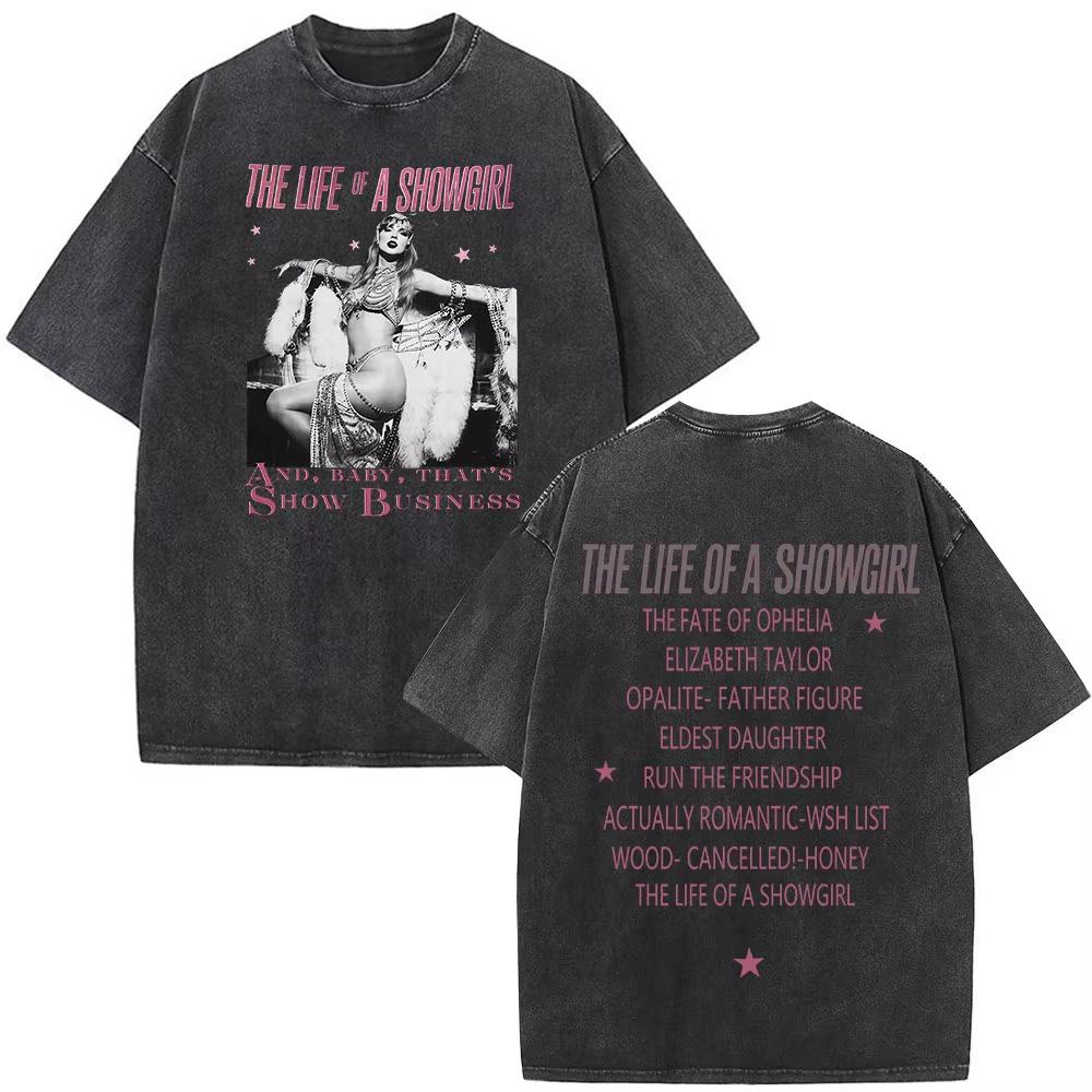 The Life of A Showgirl Album Merch Tshirts Fan Gifts Mens Women Clothing Vintage Washed Cotton Oversized Short Sleeve T Shirts