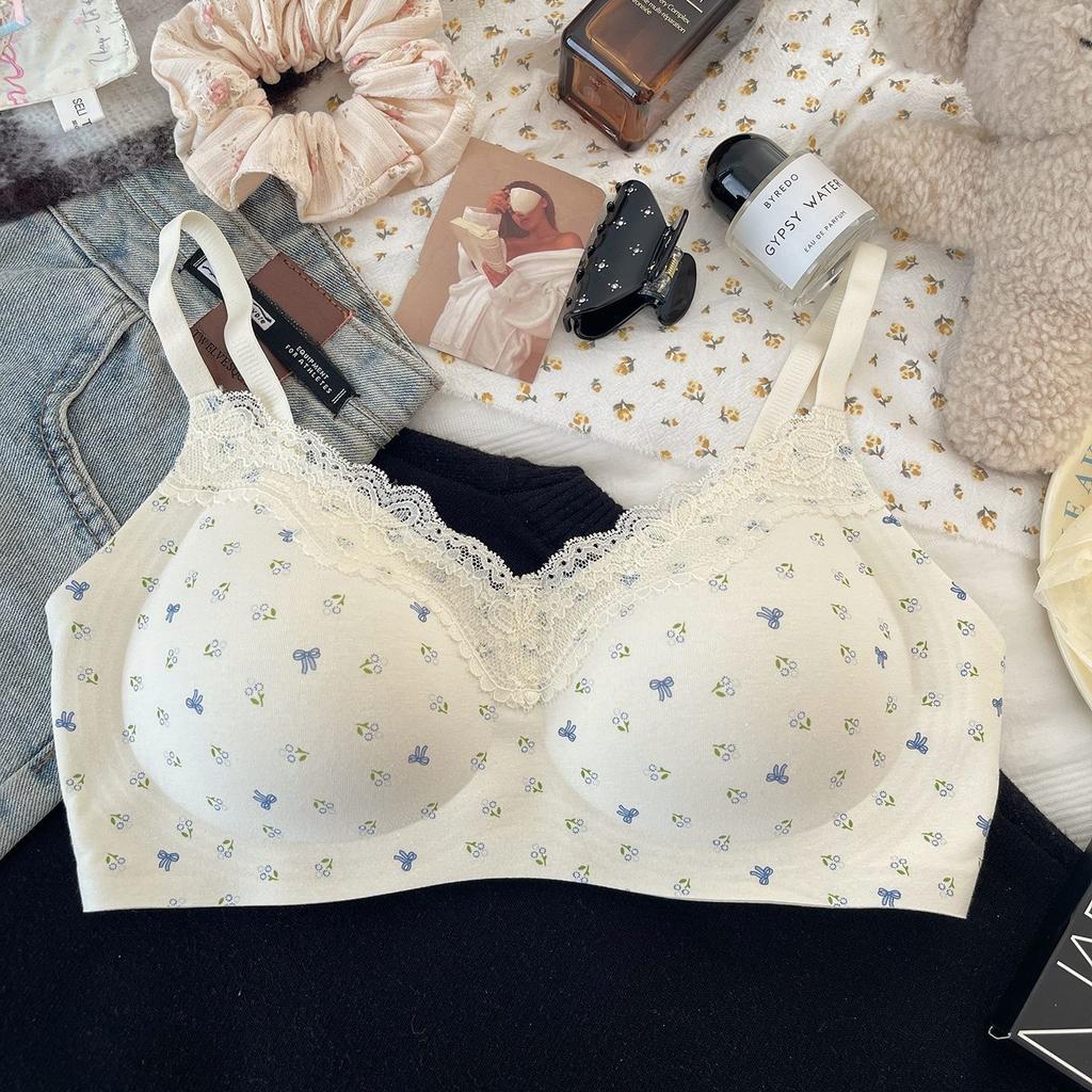 French floral seamless underwear women's small breasts gather without steel rings to close secondary breasts anti-sagging girl pure desire lace bra