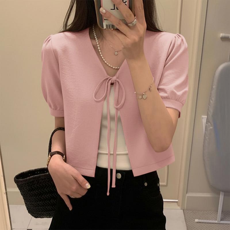 

ZANZEA Женская повседневная блузка-кардиган с V-образным вырезом, коротким рукавом и шнуровкой S розовый