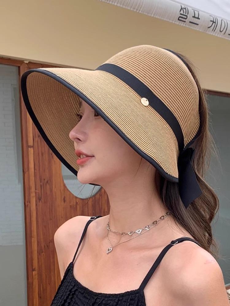 Women's Summer Straw Sun Hat, Wide Brim Foldable Beach Cap with Open Top Design for Outdoor Use, New Style, Sun Protection