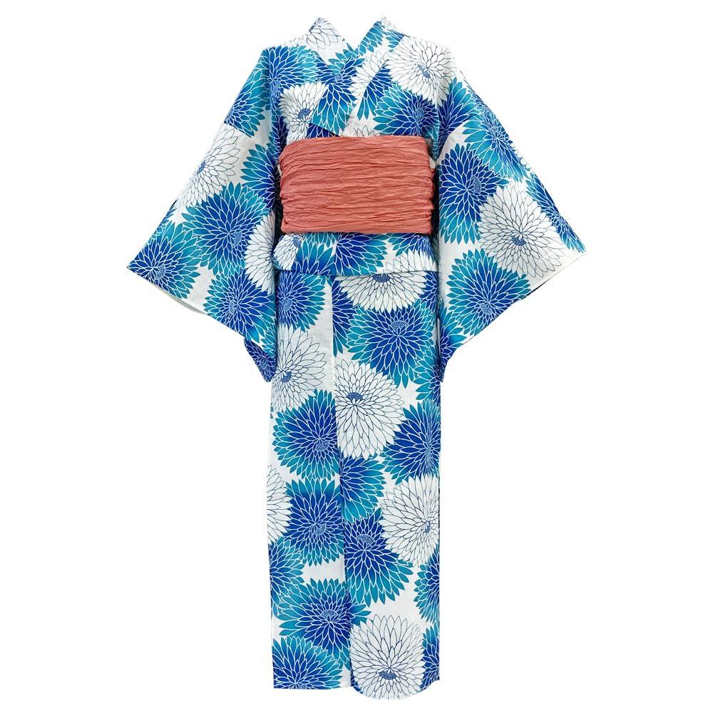 Kyoto Kimono Yuzen Yukata and Obi Set Blue Chrysanthemum Floral Print Retro Modern Yukata (2 Pieces)