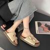 Retro Thick-soled Double-buckle with Drag Women's Shoes, Summer New Fashion Flat-soled One-word Sandals Women's Shoes