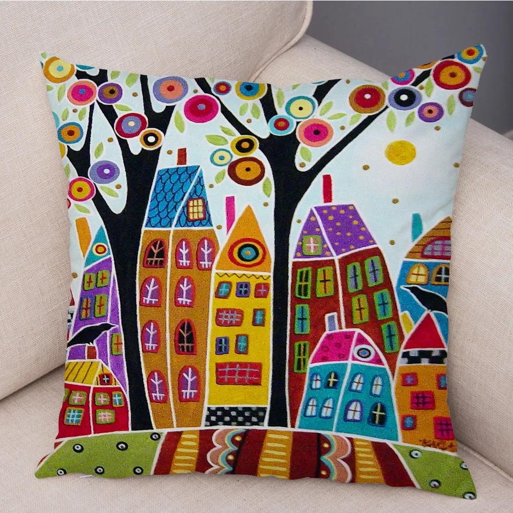 Colorful Cartoon Retro Rural Color Printed Pattern Home Cushion Cover Living Room Sofa Bedroom Decoration Pillowcase