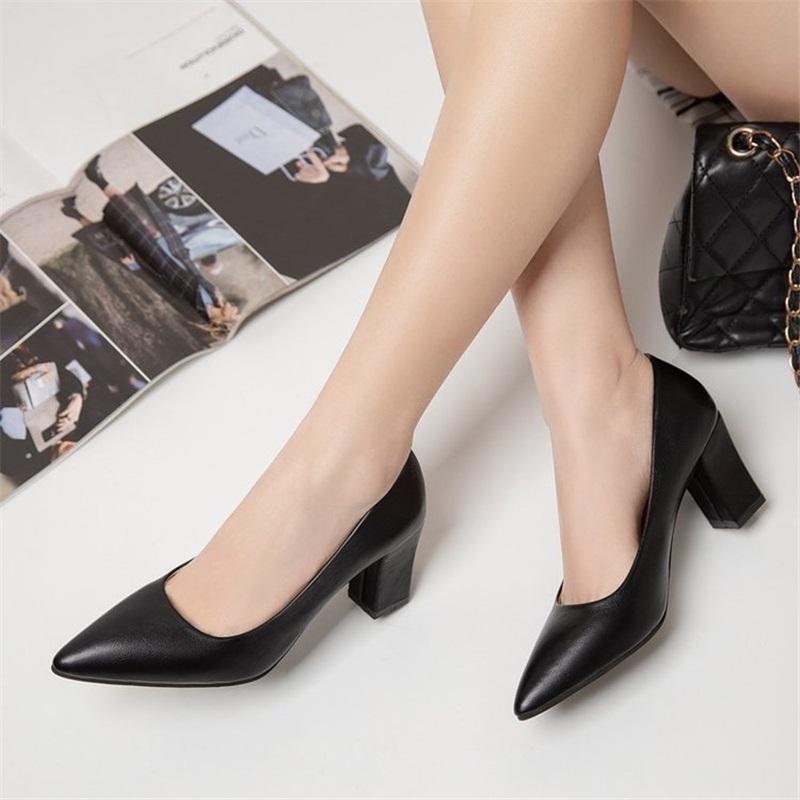 New Korean Style Black Pointed Toe Low-cut Block Heel Pumps, Slip-on Simple Professional Women's Shoes