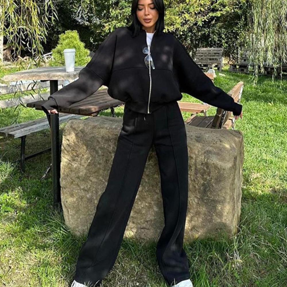 Ladies' Autumn and Winter Casual Solid Color Cardigan Sports Suit Fashionable Street Style Long Sleeved Jacket Long Pants Two-piece Set