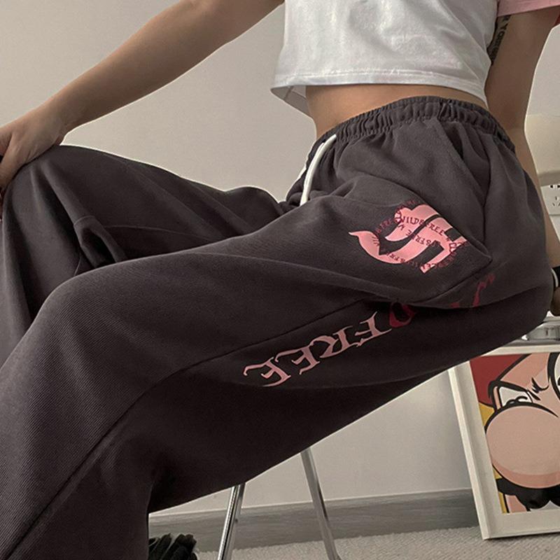 Cotton Large-size Printed Casual Sports Pants for Women In Autumn and Winter New Loose Design and Personality Dark Gray Straight Pants