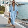 Summer Fashion Casual Hot Sale Solid Color Pocket V-neck Loose Imitation Linen Cotton Dress Women's Clothing