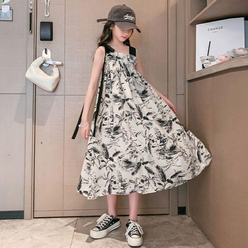 Girls Dress Kids Sleeveless Vintage Ink Painting Princess Casual Party Wear