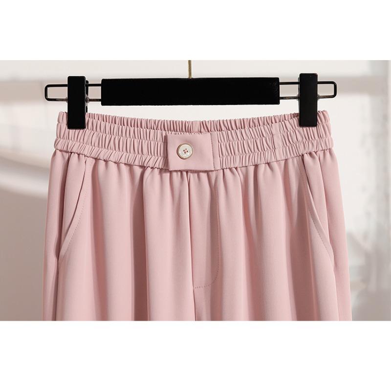 DIMANAF 2025 Plus Size Summer Long Pants Women Elastic Waist Casual Loose Pink Pants New Solid Pants