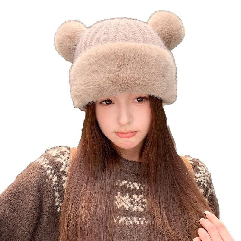 Autumn and winter cute bear ear hat women's face small warm ear protection knitted hat simple wool hat