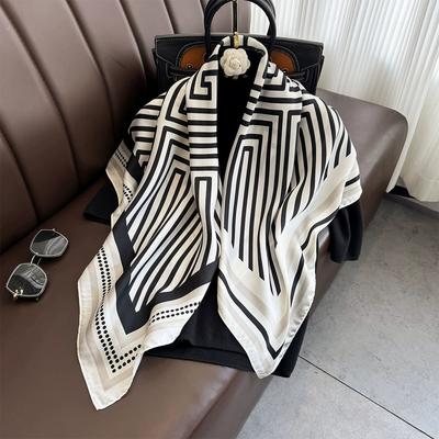 90cm Twill Silk Large Square Scarf Women's Indonesian Headscarf High-end Silk Scarf Geometric Black and White Scarf