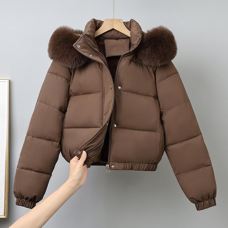 Winter Kurze Parkas Damen Baumwollgepolsterte Kleidung Samt hinzufügen Verdicken Oberbekleidung Pelzkragen Abnehmbare Kapuze Mäntel Warme Jacken