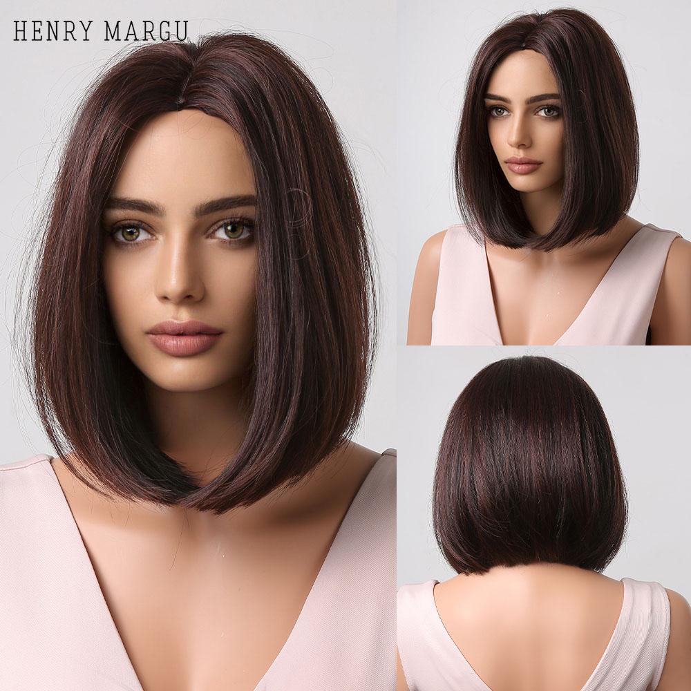 HENRY MARGU Short Bob Synthetic Wigs Ombre Black Brown White Natural Straight Wigs for Women Middle Part Daily Heat Resistant