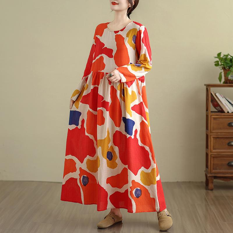 DIMANAF Nuovo 2025 Donna Taglie Forti Primavera Abito Lungo Morbido Base Vintage Oversize Manica Lunga Maxi Floreale