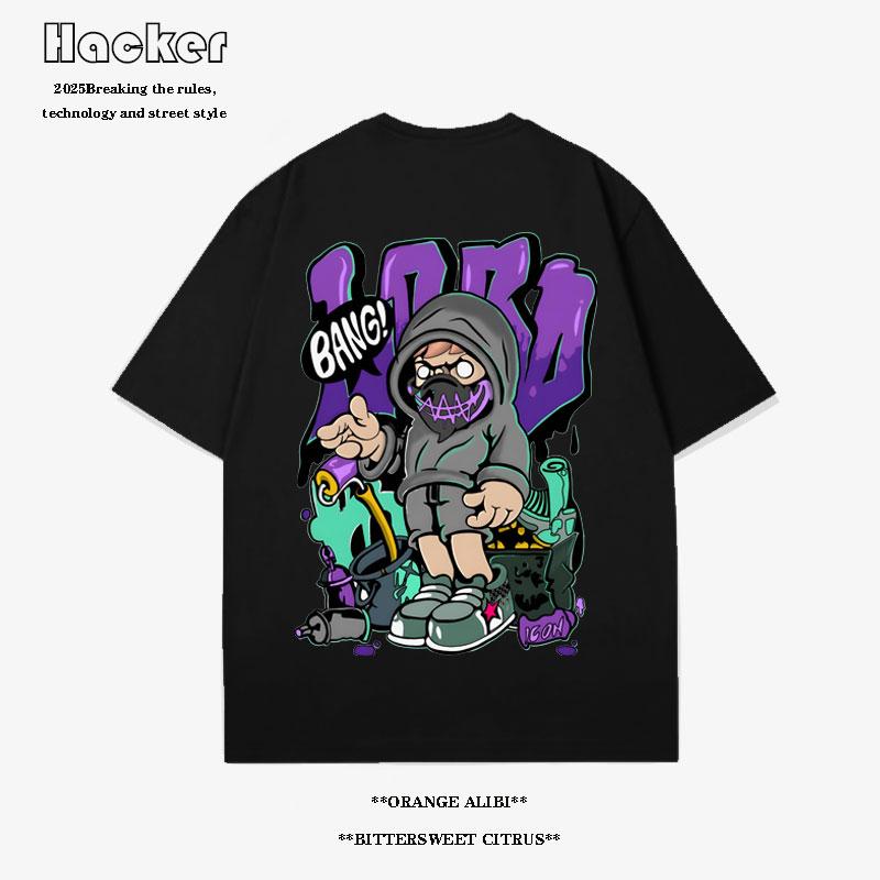 

American vintage cartoon print short-sleeved T-shirt men s summer fashion brand loose casual cotton half-sleeved clothes S