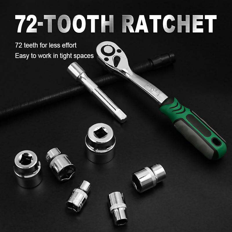 Drive Socket Set 1/4"-3/8"-1/2",72 Teeth CRV Ratchet Wrench Sockets Compact Sockets for Motorcycle Repair Mechanic Tool for Car