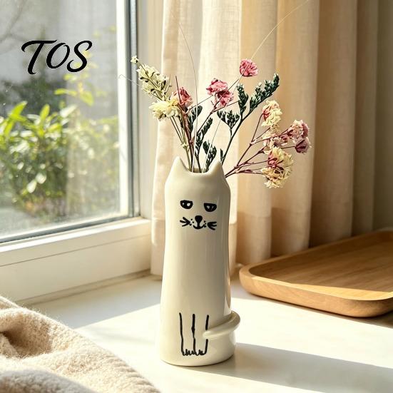 Decorative Dried Flower Container Creative Cat Shaped Vase, Minimalist Cartoon Kitten Tabletop Planter for Hand Carved Decor Fresh Flowers,