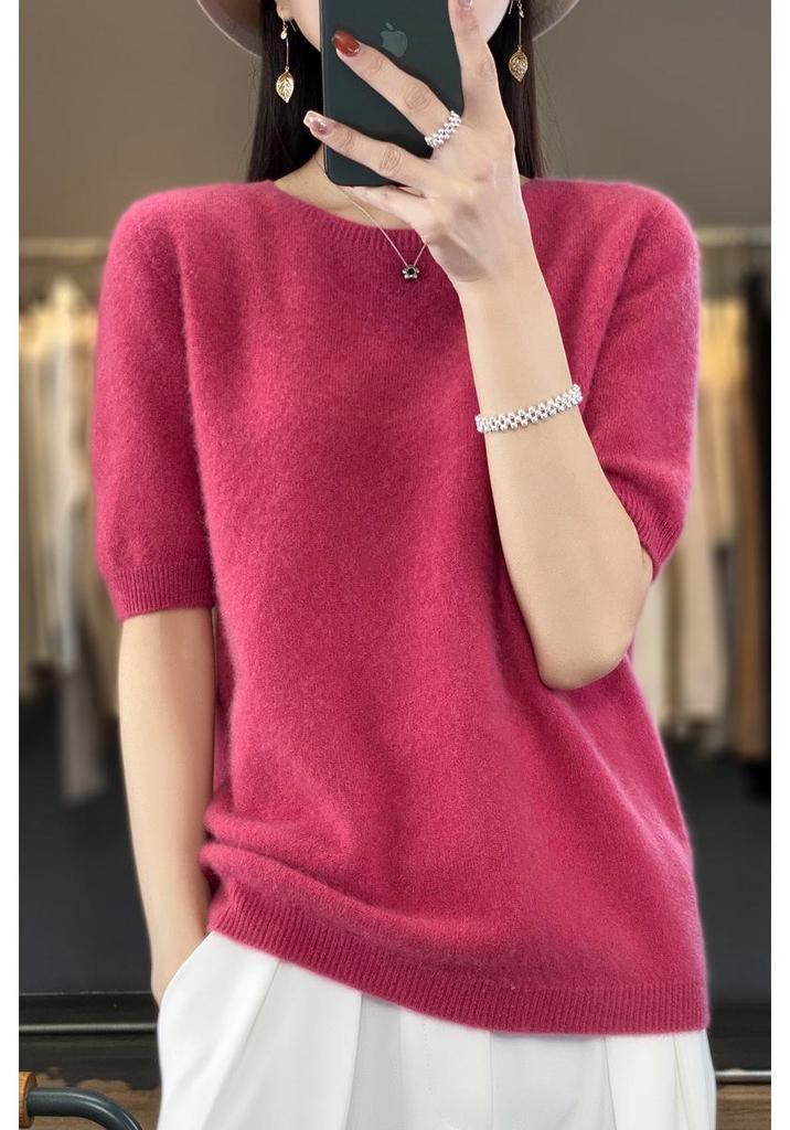 2024 Autumn/Winter Women's 100% Wool Round Neck Knit Top - Solid Color, Short Sleeve, Versatile Design