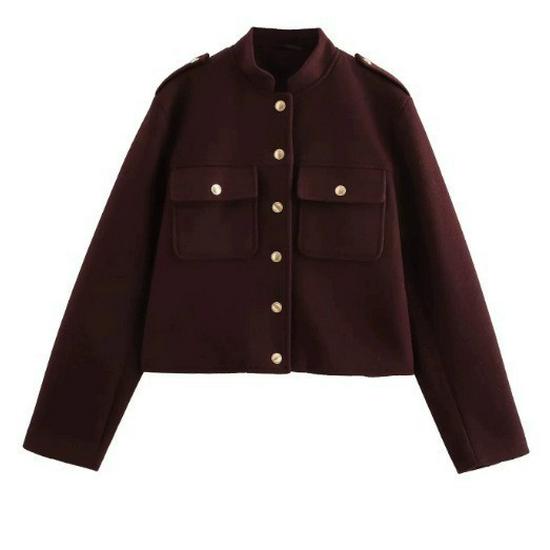 European and American Women's Stylish Double-Breasted Retro Stand-Up Collar Short Jacket
